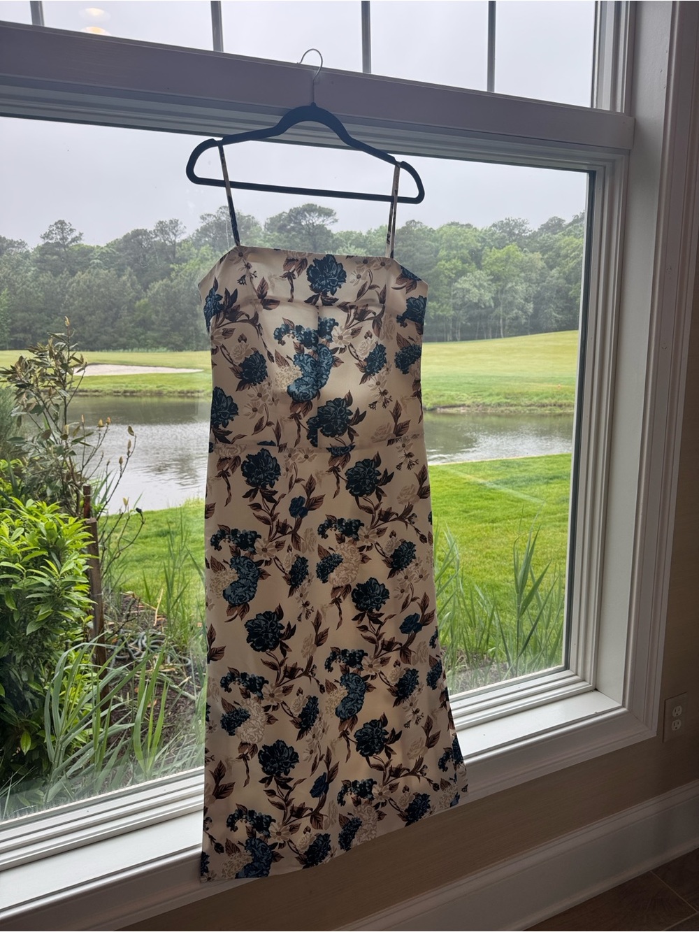 Tory Burch Cream Midi Slip Dress with Teal Floral Print